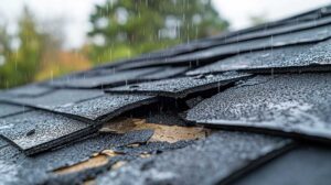 A person cleaning leaves and debris from gutters on a residential roof with a gloved hand.