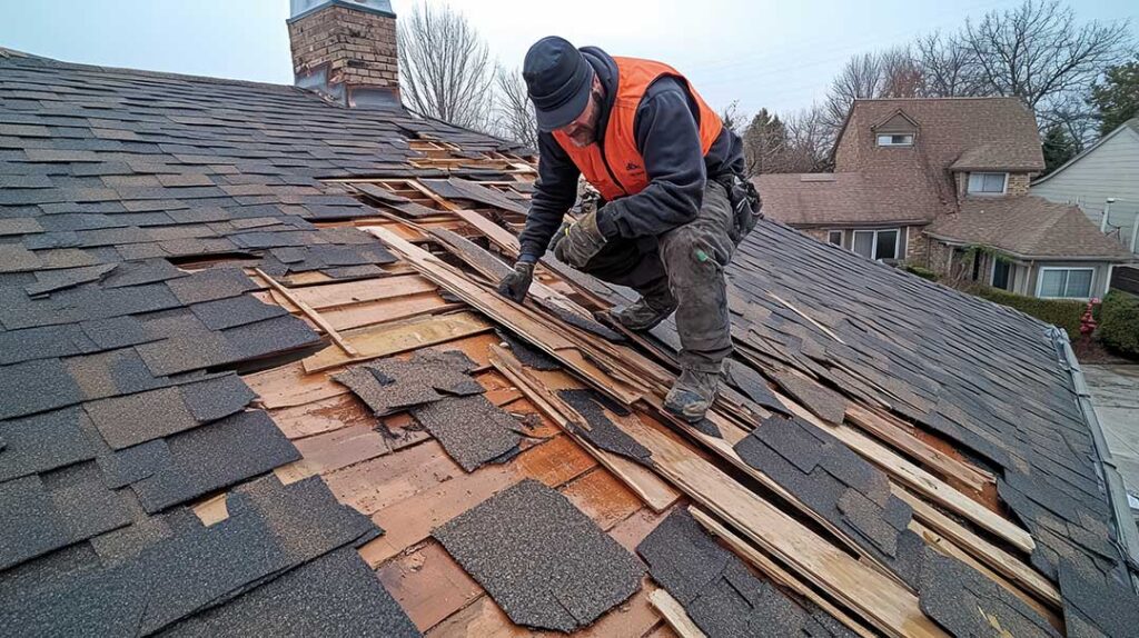 A close-up view of a residential roof with snow partially melted, showing the angle and shingle details.