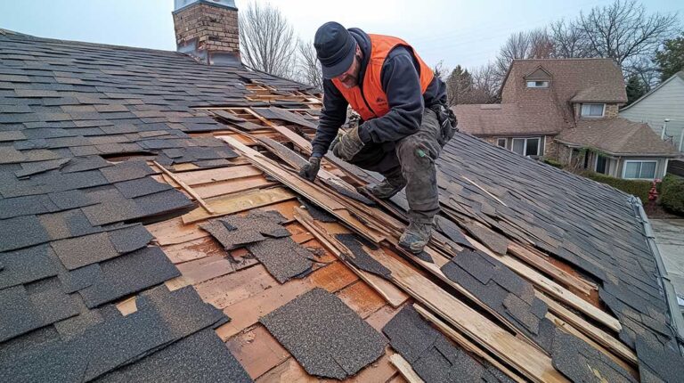 A close-up view of a residential roof with snow partially melted, showing the angle and shingle details.