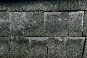 Homeowner examines bruised asphalt shingles and dented metal flashing after a hailstorm.